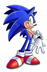 Size: 1325x2048 | Tagged: safe, artist:thenovika, sonic the hedgehog, hedgehog, 2026, clenched teeth, fixing glove, looking at viewer, male, simple background, smile, smiling at viewer, solo, standing, white background