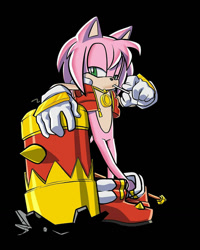 Size: 1024x1280 | Tagged: safe, artist:nomad-j, amy rose, hedgehog, 2018, black background, bottomless, clothes, food, gender swap, gilet, hammer, leaning, lidded eyes, lollipop, looking at viewer, male, missing accessory, mouth hold, necklace, piko piko hammer, shoes, simple background, solo, standing, style emulation, uekawa style, weapon