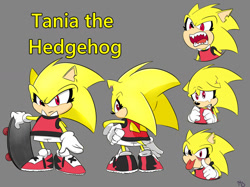 Size: 1280x955 | Tagged: safe, artist:mixiecic20, tania the hedgehog, hedgehog, 2025, alternate universe, angry, character name, chipped ear, clothes, crying, english text, eyelashes, faic, female, floppy ears, frown, grey background, looking at viewer, looking offscreen, mouth open, personality swap, redesign, reference sheet, sad, sharp teeth, shoes, signature, simple background, skateboard, solo, sonic the hedgehog (shogakukan), standing, tank top, tears, tears of sadness, text, tongue out