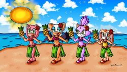 Size: 1187x673 | Tagged: safe, artist:goddessprincesslulu, amy rose, blaze the cat, cream the rabbit, rouge the bat, bat, cat, hedgehog, rabbit, beach, bikini, bikini top, clothes, clouds, daytime, female, food, fruit, hula skirt, looking at viewer, open mouth, open smile, pineapple, sand, signature, skirt, sky, smile, smiling at viewer, sun, swimsuit