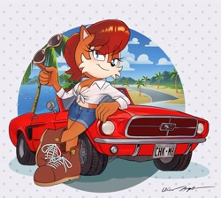 Size: 3383x3035 | Tagged: safe, artist:azul35art, sally acorn, chipmunk, 2025, car, clothes, clouds, daytime, english text, eyes clipping through hair, female, ford, ford mustang, glasses, holding something, leaning on something, looking at viewer, muscle car, ocean, palm tree, pose, road, shirt, shoes, shorts, smile, smiling at viewer, solo, sunglasses, vehicle, water