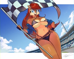 Size: 4096x3269 | Tagged: suggestive, artist:azul35art, sally acorn, chipmunk, 2025, bikini, checkered flag, clothes, clouds, daytime, female, grid girls, holding something, jacket, looking at viewer, open mouth, open smile, pose, racetrack, smile, smiling at viewer, solo, standing