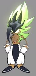 Size: 734x1555 | Tagged: safe, artist:somerando____, oc, oc:ashura the hedgehog, hedgehog, 2026, clenched fists, clenched teeth, clothes, gloves, glowing eyes, grey background, male, oc only, pants, shoes, simple background, solo, super form, super oc, topless