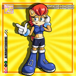 Size: 900x900 | Tagged: safe, artist:almirantebodoke, sally acorn, chipmunk, 2026, clothes, female, hand behind head, lidded eyes, midriff, mouth open, open smile, pointing, smile, solo, standing
