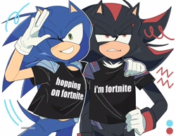 Size: 2048x1583 | Tagged: safe, artist:malftnii, shadow the hedgehog, sonic the hedgehog, hedgehog, 2026, arm around shoulders, bottomless, clenched teeth, clothes, crossover, duo, english text, fortnite, frown, gloves, hand on hip, male, salute, shirt, simple background, smile, smiling at viewer, squiggle, standing, text, white background, wink, words on a shirt
