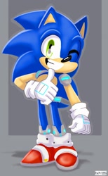 Size: 1080x1748 | Tagged: safe, artist:nonicpower, sonic the hedgehog, hedgehog, 2026, clenched fist, clenched teeth, crossover, fortnite, male, outline, signature, smile, smiling at viewer, solo, thumbs up, wink, winking at viewer
