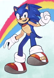 Size: 1668x2388 | Tagged: safe, artist:starryyberries, sonic the hedgehog, hedgehog, 2024, clenched fist, gradient background, male, mid-air, mouth open, open smile, rainbow, smile, smiling at viewer, solo, treads