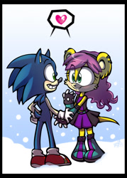Size: 715x1000 | Tagged: safe, artist:vaporotem, mina mongoose, sonic the hedgehog, hedgehog, mongoose, 2009, clenched teeth, duo, ear fluff, eye clipping through hair, eyebrow clipping through hair, female, heart, holding hands, looking at each other, male, mina x sonic, shipping, smile, smiling at each other, speech bubble, straight