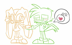 Size: 1024x640 | Tagged: safe, artist:luckyclau, bean the dynamite, cream the rabbit, bird, rabbit, 2017, alternate view, bean x cream, blushing, bomb, crack shipping, duo, female, hand behind back, heart, holding hands, holding something, lidded eyes, line art, looking at each other, male, monochrome, pointing, shipping, simple background, smile, standing, straight, white background