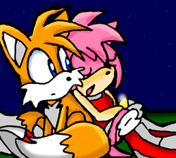 Size: 634x567 | Tagged: safe, artist:umbra-flower, amy rose, miles "tails" prower, fox, hedgehog, 2008, duo, eyes closed, female, frown, grass, leaning, leaning on them, looking at them, male, mouth open, nighttime, outdoors, sitting, sleeping, star (sky)