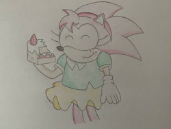 Size: 917x688 | Tagged: safe, artist:splashfactor, amy rose, hedgehog, amy's schoolgirl outfit, cake, classic amy, classic sonic (universe), clothes, eating, eyes closed, female, food, fruit, gloves, headband, skirt, solo, strawberry, traditional media