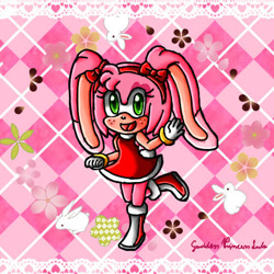 Size: 500x500 | Tagged: safe, artist:goddessprincesslulu, amy rose, rabbit, abstract background, amy's halterneck dress, bow, clothes, dress, female, freckles, hair bow, looking at viewer, needs more jpeg, open mouth, open smile, smiling at viewer, solo, species swap, standing on one leg