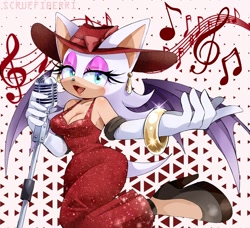 Size: 2048x1866 | Tagged: safe, artist:scruffiberri, rouge the bat, bat, abstract background, big breasts, breasts, clothes, cosplay, dress, earring, female, microphone, mouth open, pauline, solo