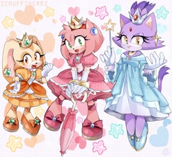 Size: 2048x1866 | Tagged: safe, artist:scruffiberri, amy rose, blaze the cat, cream the rabbit, crown, dress, female, hime lolita, lolita, looking at viewer, mouth open, open smile, princess daisy, princess peach, rosalina, smile, smiling at viewer, trio, umbrella