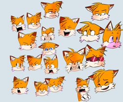 Size: 1200x992 | Tagged: safe, artist:sonicalter, miles "tails" prower, fox, 2023, angry, clenched teeth, ear fluff, exasperated, expression sheet, eyes closed, eyewear on head, floppy ears, frown, fur markings, goggles, goggles on head, grey background, happy, head only, lidded eyes, male, mouth open, redesign, sad, simple background, smile, smug, solo, surprised, yawning, yelling