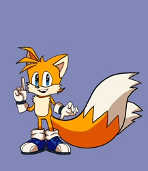 Size: 1213x1400 | Tagged: safe, artist:sonicalter, miles "tails" prower, fox, 2023, blue background, blue shoes, fur markings, male, mouth open, one fang, open smile, pointing, redesign, simple background, smiling at viewer, solo, standing