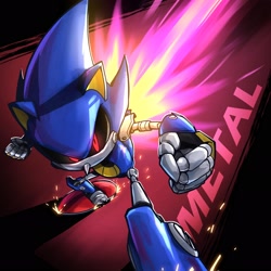 Size: 2048x2048 | Tagged: safe, artist:d3klar, metal sonic, 2026, black sclera, clenched fists, english text, fighting pose, fire, flame, glowing eyes, looking at viewer, male, posing, robot, sliding, solo, spark, text