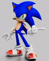 Size: 1628x2048 | Tagged: safe, artist:dokatzo, artist:garbonzobeanguy, sonic the hedgehog, hedgehog, 2026, 3d, grey background, looking at viewer, male, nike mouth, pointing, simple background, smile, smiling at viewer, solo, standing