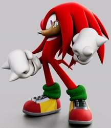 Size: 1779x2048 | Tagged: safe, artist:gameguybenn, artist:garbonzobeanguy, knuckles the echidna, echidna, 2026, 3d, clenched fists, clenched teeth, grey background, looking at viewer, male, sharp teeth, simple background, smile, smiling at viewer, socks, solo, standing