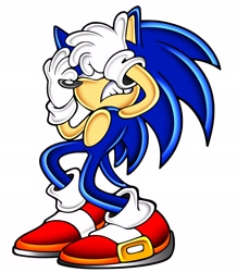 Size: 1786x2048 | Tagged: safe, artist:mysticspeeds, artist:sonicfastdraw, sonic the hedgehog, hedgehog, 2025, clenched teeth, covering face, frown, male, redraw, simple background, solo, standing, style emulation, uekawa style, white background