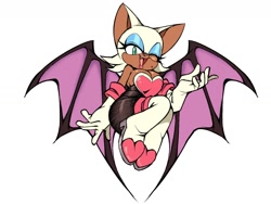 Size: 1600x1200 | Tagged: safe, artist:sen_animaten, rouge the bat, bat, 2026, cleavage, dark skin, female, grey background, lidded eyes, mole (marking), mouth open, one fang, open smile, simple background, smile, smiling at viewer, solo, wink, winking at viewer