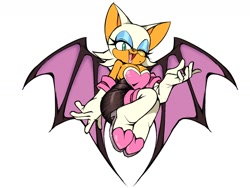 Size: 1600x1200 | Tagged: safe, artist:sen_animaten, rouge the bat, bat, 2026, alternate version, cleavage, female, grey background, lidded eyes, mole (marking), mouth open, one fang, open smile, simple background, smile, smiling at viewer, solo, wink, winking at viewer