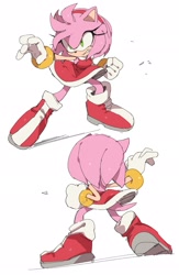 Size: 1331x2047 | Tagged: safe, artist:roastedgarlics2, amy rose, hedgehog, 2026, clenched fist, clenched teeth, duality, female, fighting pose, hand out, looking offscreen, pose, simple background, sketch, solo, white background