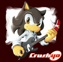 Size: 900x886 | Tagged: safe, artist:pichu-chan, hedgehog, 2009, brown eyes, chest fluff, clothes, crush 40, electric guitar, guitar, holding something, jun senoue, lineless, looking at viewer, male, mobianified, musical instrument, smile, solo