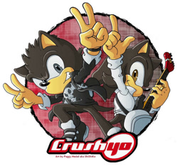 Size: 900x837 | Tagged: safe, artist:pichu-chan, hedgehog, 2009, brown eyes, clothes, crush 40, double v sign, duo, electric guitar, grey eyes, guitar, holding something, jacket, johnny gioeli, jun senoue, male, mobianified, musical instrument, pointing, ring (jewelry), shirt, simple background, smile, smiling at viewer, v sign, white background, wristband