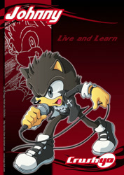 Size: 800x1132 | Tagged: safe, artist:pichu-chan, hedgehog, 2009, bottomless, character name, clothes, crush 40, english text, grey eyes, holding something, jacket, johnny gioeli, live and learn, looking offscreen, male, microphone, mobianified, mouth open, one eye closed, shirt, singing, solo, standing, text, watch, wire