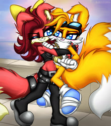 Size: 1600x1817 | Tagged: safe, artist:spriterzero, fiona fox, miles "tails" prower, fox, 2026, age difference, blue shoes, blushing, bow, carrying them, claws, clothes, cute, daytime, duo, ear fluff, eye clipping through hair, eyebrow clipping through hair, eyelashes, eyewear on head, fangs, female, fiona x tails, fionabetes, fluffy, goggles, goggles on head, hair bow, male, outdoors, shipping, smile, straight, tailabetes, walking, water, wink, wraps