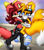 Size: 1600x1817 | Tagged: safe, artist:spriterzero, fiona fox, miles "tails" prower, fox, 2026, age difference, blue shoes, blushing, bow, carrying them, claws, clothes, cute, daytime, duo, ear fluff, eye clipping through hair, eyebrow clipping through hair, eyelashes, eyewear on head, fangs, female, fiona x tails, fionabetes, fluffy, goggles, goggles on head, hair bow, male, outdoors, shipping, smile, straight, tailabetes, walking, water, wink, wraps