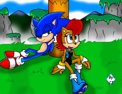 Size: 2200x1700 | Tagged: safe, artist:frostthehobidon, sally acorn, sonic the hedgehog, chipmunk, hedgehog, 2021, alternate outfit, clouds, duo, female, grass, hands behind head, leaning, leaning on something, looking at them, looking offscreen, male, one eye closed, outdoor, sally x sonic, sally's vest and boots, shipping, sitting, straight, tree