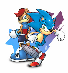Size: 1024x1110 | Tagged: safe, artist:proxt2k, sally acorn, sonic the hedgehog, chipmunk, hedgehog, 2018, abstract background, duo, female, looking at viewer, looking back, looking back at viewer, male, pose, sally x sonic, sally's ringblader outfit, shipping, smile, smiling at viewer, straight