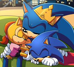 Size: 950x856 | Tagged: safe, artist:risziarts, manik acorn, sonia acorn, sonic the hedgehog, chipmunk, hedgehog, 2022, adult, blanket, building, child, crown, eyes closed, father and child, father and daughter, father and son, female, indoors, king sonic, male, nighttime, open mouth, parent and child, parent:sally, parent:sonic, parents:sonally, siblings, sleeping, sofa, trio