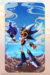 Size: 1292x1920 | Tagged: safe, artist:chunichichuni, metal sonic, shard the metal, 2022, clouds, daytime, destroyed robot, holding something, looking at them, male, outdoors, robot, severed head, smoke, solo, standing