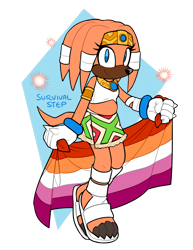 Size: 1112x1437 | Tagged: safe, artist:survivalstep, tikal, echidna, 2020, dark skin, female, holding something, lesbian, lesbian pride, lesbian tikal, looking at viewer, midriff, pride, pride flag, pride month, semi-transparent background, smile, solo, spiked gloves, wraps