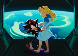 Size: 2048x1477 | Tagged: safe, artist:bongwaterwiz, maria robotnik, shadow the hedgehog, hedgehog, human, 2025, chest fluff, cute, dancing, duo, female, happy, holding each other, holding hands, looking at each other, male, shadowbetes, smile, space, space colony ark, standing