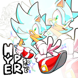 Size: 2000x2000 | Tagged: safe, artist:rikoandtako, sonic the hedgehog, hedgehog, 2026, character name, clenched teeth, echo background, english text, hyper form, hyper sonic, looking at viewer, male, signature, smile, smiling at viewer, solo, sparkles, text, treads, v sign