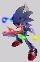 Size: 1343x2048 | Tagged: safe, artist:keng_keng_, sonic the hedgehog, hedgehog, 2026, chaos emerald, crossover, fortnite, grey background, male, simple background, solo