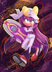 Size: 1492x2048 | Tagged: safe, artist:dea_chaos, wave the swallow, bird, 2026, abstract background, extreme gear, female, holding something, looking offscreen, midriff, outline, solo, sonic riders, treads