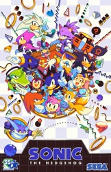 Size: 1325x2048 | Tagged: safe, artist:actionhankbeard, artist:iam8bit, amy rose, big the cat, blaze the cat, charmy bee, cheese (chao), cream the rabbit, e-123 omega, espio the chameleon, froggy, knuckles the echidna, metal sonic, miles "tails" prower, robotnik, rouge the bat, shadow the hedgehog, silver the hedgehog, sonic the hedgehog, vector the crocodile, bat, bee, cat, chao, crocodile, echidna, fox, frog, hedgehog, human, rabbit, 2026, 35th anniversary, agender, anniversary, black sclera, chameleon, chaos emerald, checkered background, cheeseabetes, circle, cute, everyone is here, female, frown, group, holding something, holding tail, jumping, looking at them, looking at viewer, looking offscreen, male, neutral chao, pointing, portal, question mark, ring, robot, sega logo, smile, speech bubble, triangle, wall of tags