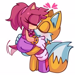 Size: 2048x2048 | Tagged: safe, artist:artangelo381341, miles "tails" prower, oc, fox, hedgehog, 2026, canon x oc, carrying them, clothes, duo, eyes closed, female, heart, holding each other, hugging, kiss, kiss on lips, lifting them, male, not amy, shipping, simple background, straight, wagging tail, white background