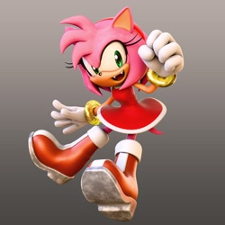 Size: 2048x2048 | Tagged: safe, artist:hunicrio, amy rose, hedgehog, 2026, 3d, amy's halterneck dress, clenched fist, clothes, dress, fangs, female, gradient background, mouth open, open smile, smile, smiling at viewer, solo, treads