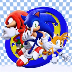 Size: 1200x1200 | Tagged: safe, artist:hunicrio, knuckles the echidna, miles "tails" prower, sonic the hedgehog, echidna, fox, hedgehog, 2026, 3d, checkered background, frown, looking at viewer, looking offscreen, male, pointing, smile, sonic mega collection, team sonic, trio