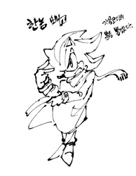 Size: 623x803 | Tagged: safe, artist:panhaley54803, shadow the hedgehog, 2025, alternate outfit, coat, greyscale, korean text, monochrome, simple background, sketch, solo, standing, white background