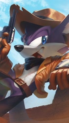 Size: 1152x2048 | Tagged: safe, artist:lazerpotaters, nack the weasel, weasel, clothes, cowboy hat, daytime, fence, gun, hat, holding something, jacket, looking at viewer, one fang, open mouth, open smile, pose, revolver, smile, smiling at viewer, weapon