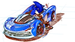 Size: 958x539 | Tagged: safe, artist:panhaley54803, sonic the hedgehog, 2025, arms folded, car, leaning, looking at viewer, racing suit, simple background, smile, soap shoes, solo, standing, vehicle, white background