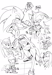 Size: 1543x2210 | Tagged: safe, artist:panhaley54803, blaze the cat, knuckles the echidna, miles "tails" prower, rouge the bat, shadow the hedgehog, silver the hedgehog, sonic the hedgehog, 2025, arm up, arms folded, blushing, eyes closed, flower, greyscale, grin, group, holding something, korean text, lidded eyes, looking at each other, looking at them, monochrome, mouth open, simple background, sketch, smile, standing, white background, wrench