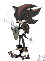Size: 1023x1369 | Tagged: safe, artist:panhaley54803, shadow the hedgehog, 2025, cup, holding something, lidded eyes, simple background, solo, standing, white background
